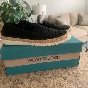 TOMS Black Knit Slip-Ons with Tan Sole